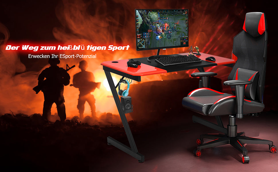 Z-shaped gaming table computer table PC table with mug holder headphones hooks and pit stands desk for home