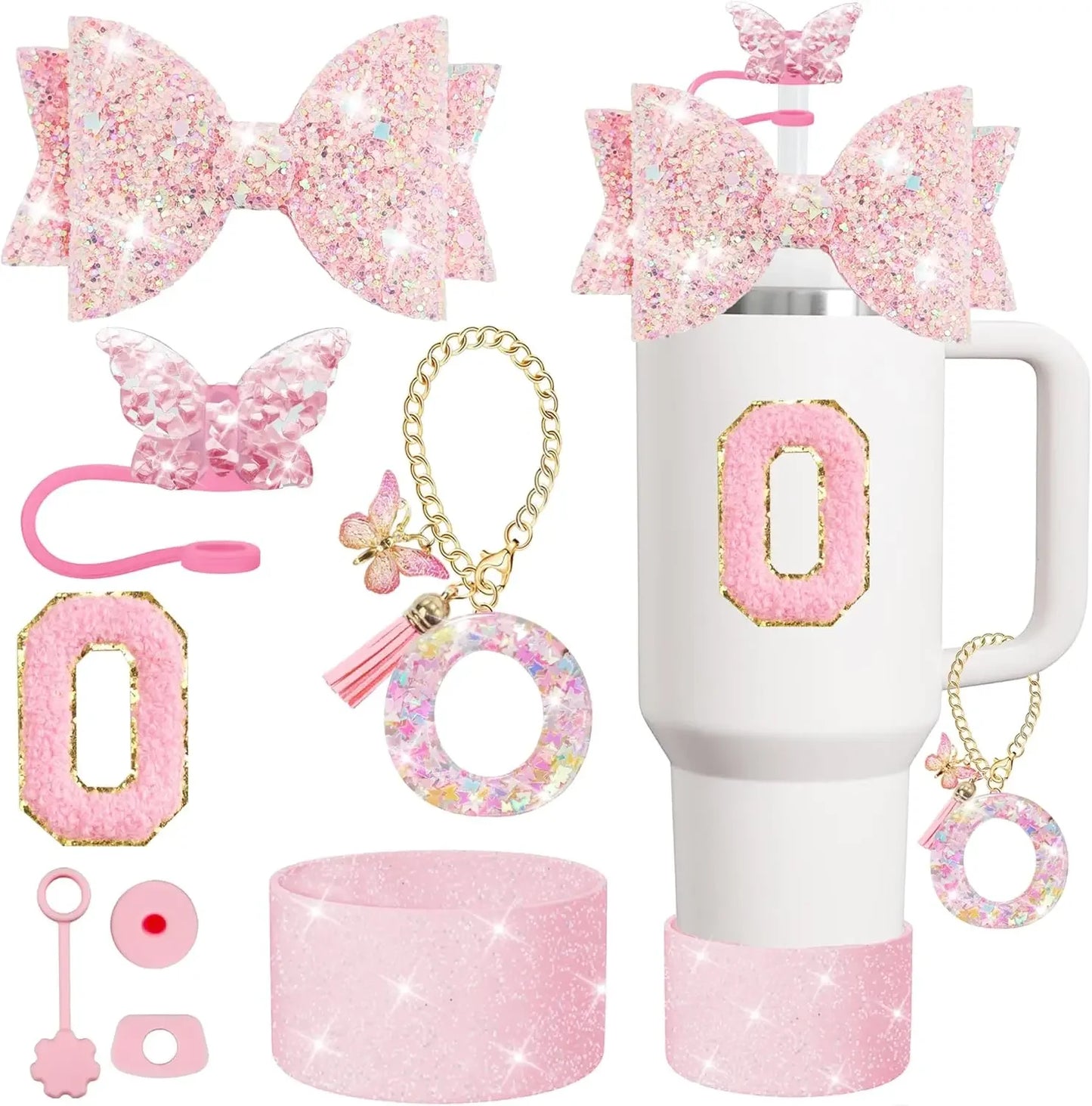 8PCS Cup Accessories Set for Stanley 30oz 40oz Tumbler Straw Topper Cover Cap Boot,Spill Proof Stopper Charm Initials Sticker