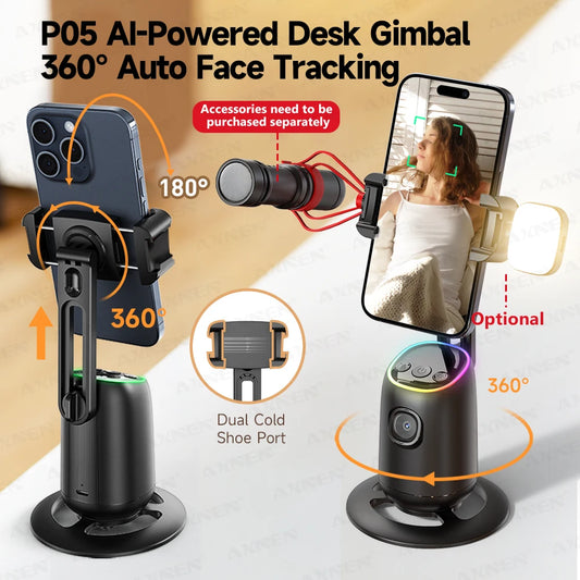 AI Auto-Tracking Phone Gimbal 360° Rotating Face Tracking Stabilizer Portable Desktop Holder for Live Streaming & Photo Shooting
