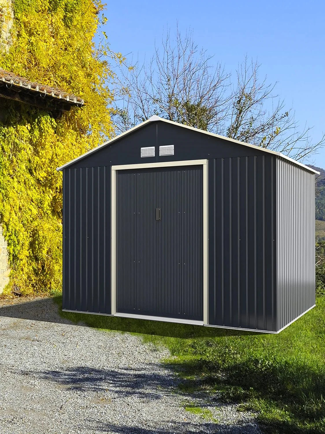 Metal Tool Shed 340 x 255 x 210 cm, Lockable Tool Shed with 4 Vents & Sliding Door, Garden Shed for Lawn Mower Bikes