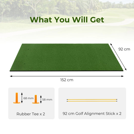 Golf Practice Mat with Artificial Grass, 5 x 3 Feet Indoor Outdoor Hitting Pad with Rubber Tees & Alignment Rods, Golf Mat