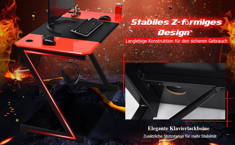 Z-shaped gaming table computer table PC table with mug holder headphones hooks and pit stands desk for home