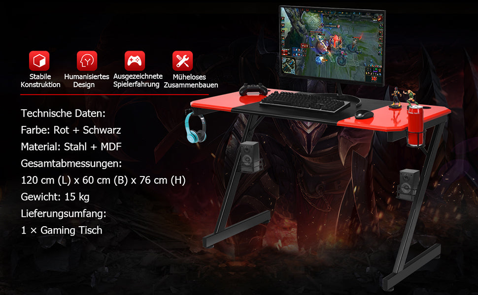 Z-shaped gaming table computer table PC table with mug holder headphones hooks and pit stands desk for home