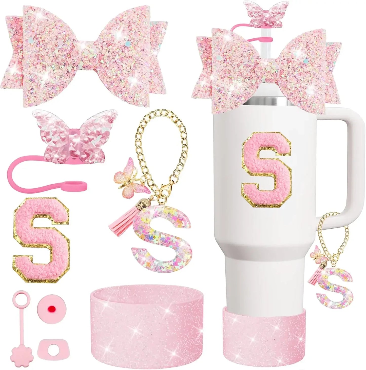 8PCS Cup Accessories Set for Stanley 30oz 40oz Tumbler Straw Topper Cover Cap Boot,Spill Proof Stopper Charm Initials Sticker