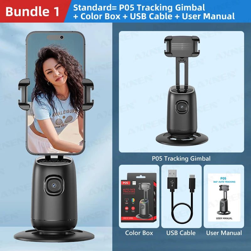 AI Auto-Tracking Phone Gimbal 360° Rotating Face Tracking Stabilizer Portable Desktop Holder for Live Streaming & Photo Shooting