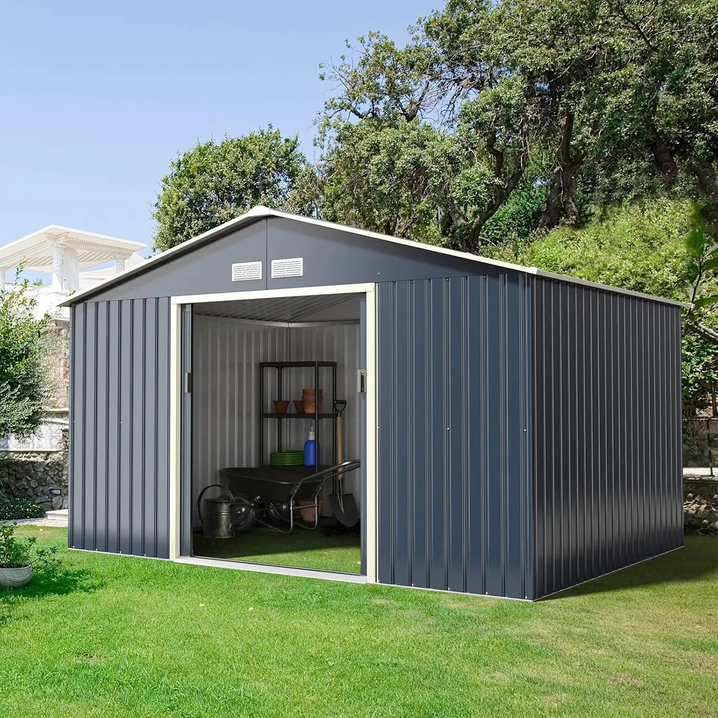 Metal Tool Shed 340 x 255 x 210 cm, Lockable Tool Shed with 4 Vents & Sliding Door, Garden Shed for Lawn Mower Bikes