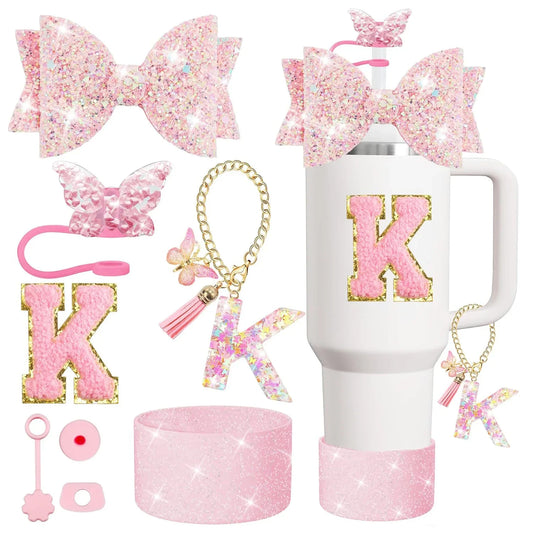 8PCS Cup Accessories Set for Stanley 30oz 40oz Tumbler Straw Topper Cover Cap Boot,Spill Proof Stopper Charm Initials Sticker