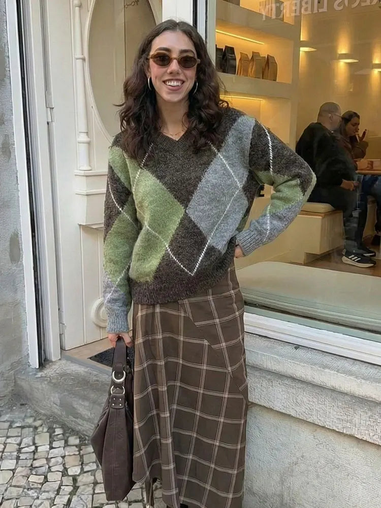 HH Women Fashion Argyle Knitted Sweater Casual Long Sleeve V Neck Pullover Sweater 2026 Spring Trend Knitwear Chic Tops