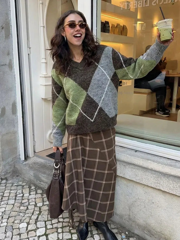 HH Women Fashion Argyle Knitted Sweater Casual Long Sleeve V Neck Pullover Sweater 2026 Spring Trend Knitwear Chic Tops