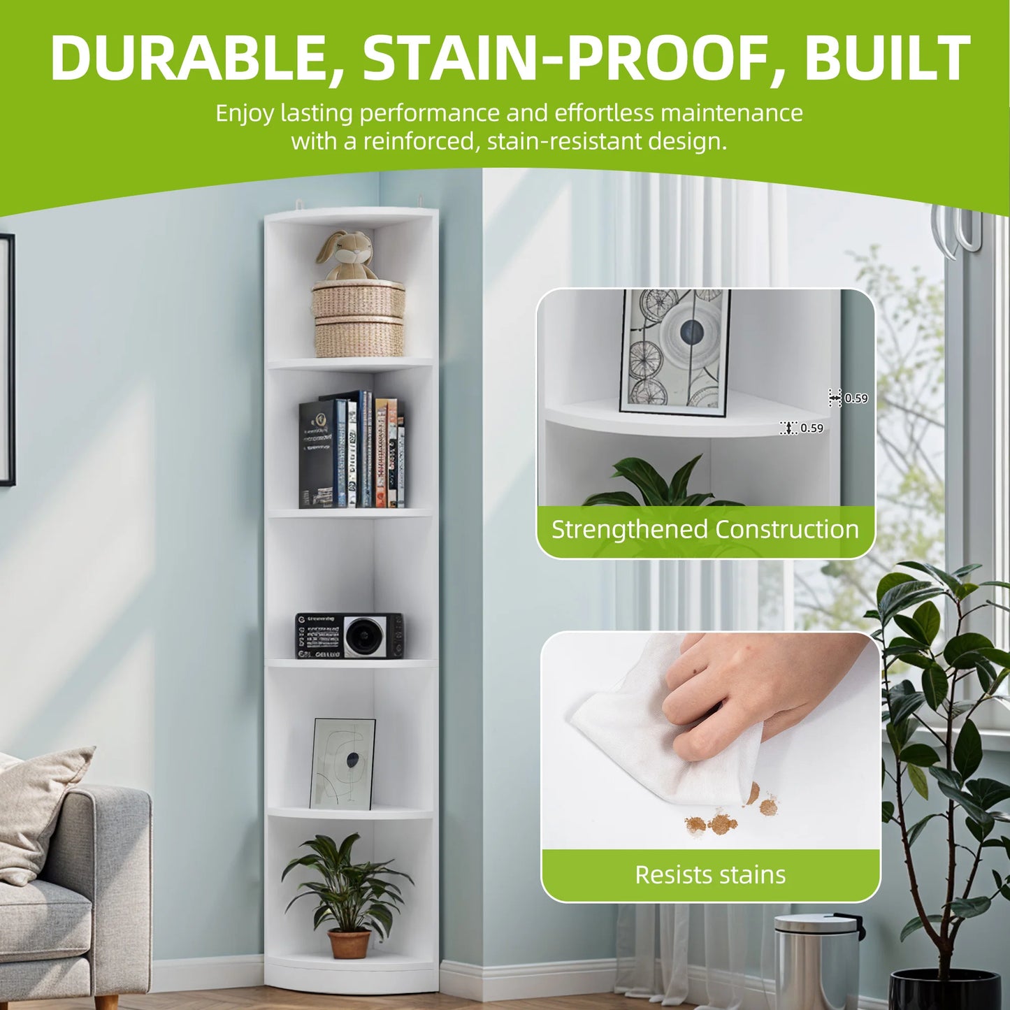 YITAHOME White 5-Tier Corner Bookcase - 30x30x180cm Wooden Shelf, Open Storage for Living Room & Office - Freestanding (White)