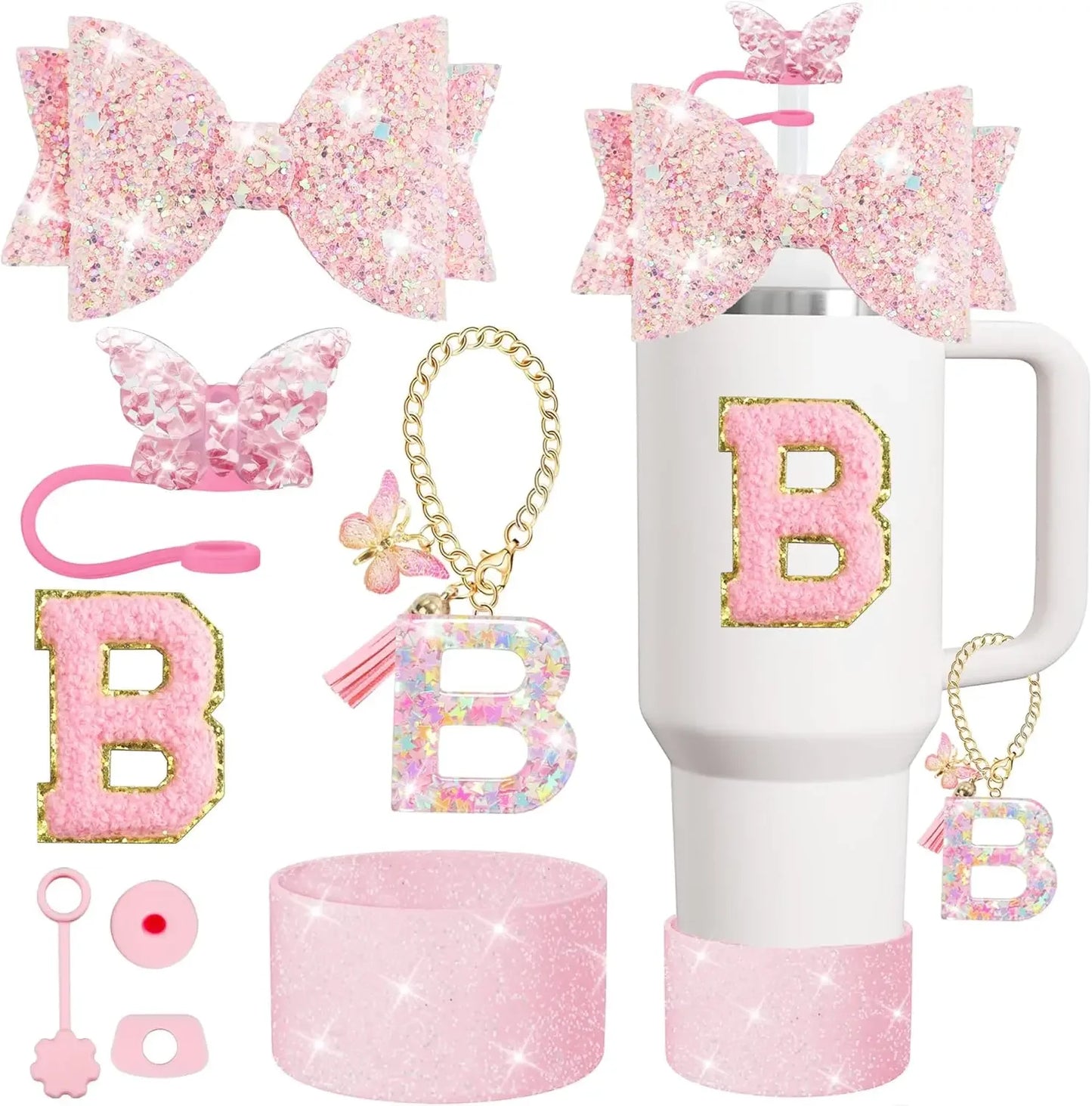 8PCS Cup Accessories Set for Stanley 30oz 40oz Tumbler Straw Topper Cover Cap Boot,Spill Proof Stopper Charm Initials Sticker