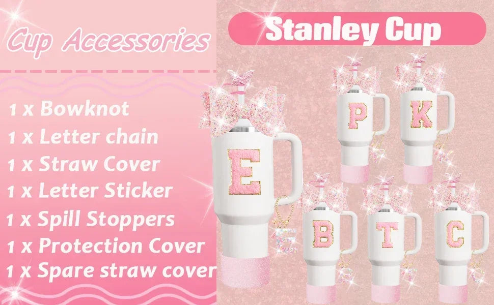 8PCS Cup Accessories Set for Stanley 30oz 40oz Tumbler Straw Topper Cover Cap Boot,Spill Proof Stopper Charm Initials Sticker