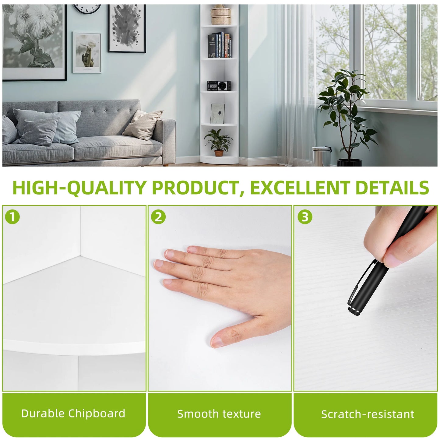 YITAHOME White 5-Tier Corner Bookcase - 30x30x180cm Wooden Shelf, Open Storage for Living Room & Office - Freestanding (White)