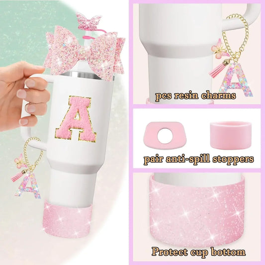 8PCS Cup Accessories Set for Stanley 30oz 40oz Tumbler Straw Topper Cover Cap Boot,Spill Proof Stopper Charm Initials Sticker