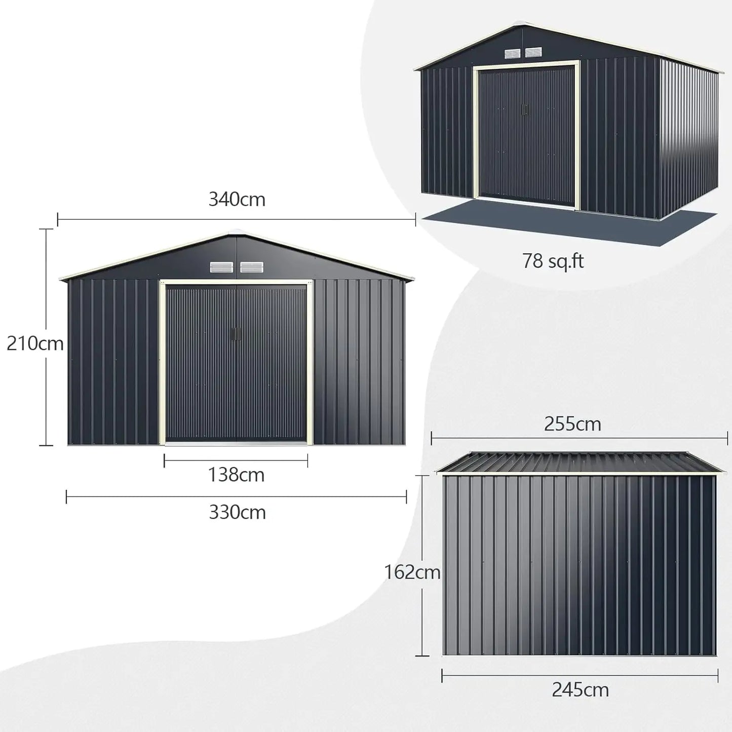 Metal Tool Shed 340 x 255 x 210 cm, Lockable Tool Shed with 4 Vents & Sliding Door, Garden Shed for Lawn Mower Bikes