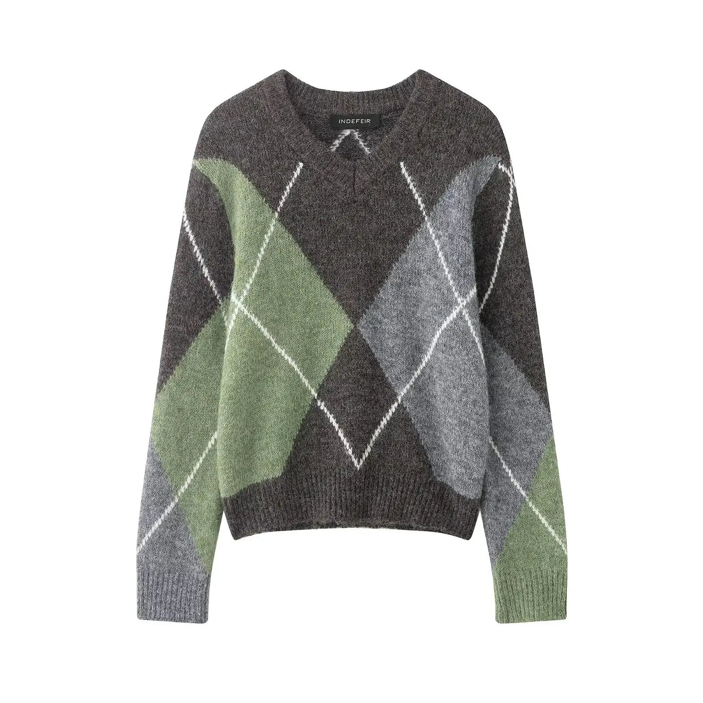 HH Women Fashion Argyle Knitted Sweater Casual Long Sleeve V Neck Pullover Sweater 2026 Spring Trend Knitwear Chic Tops