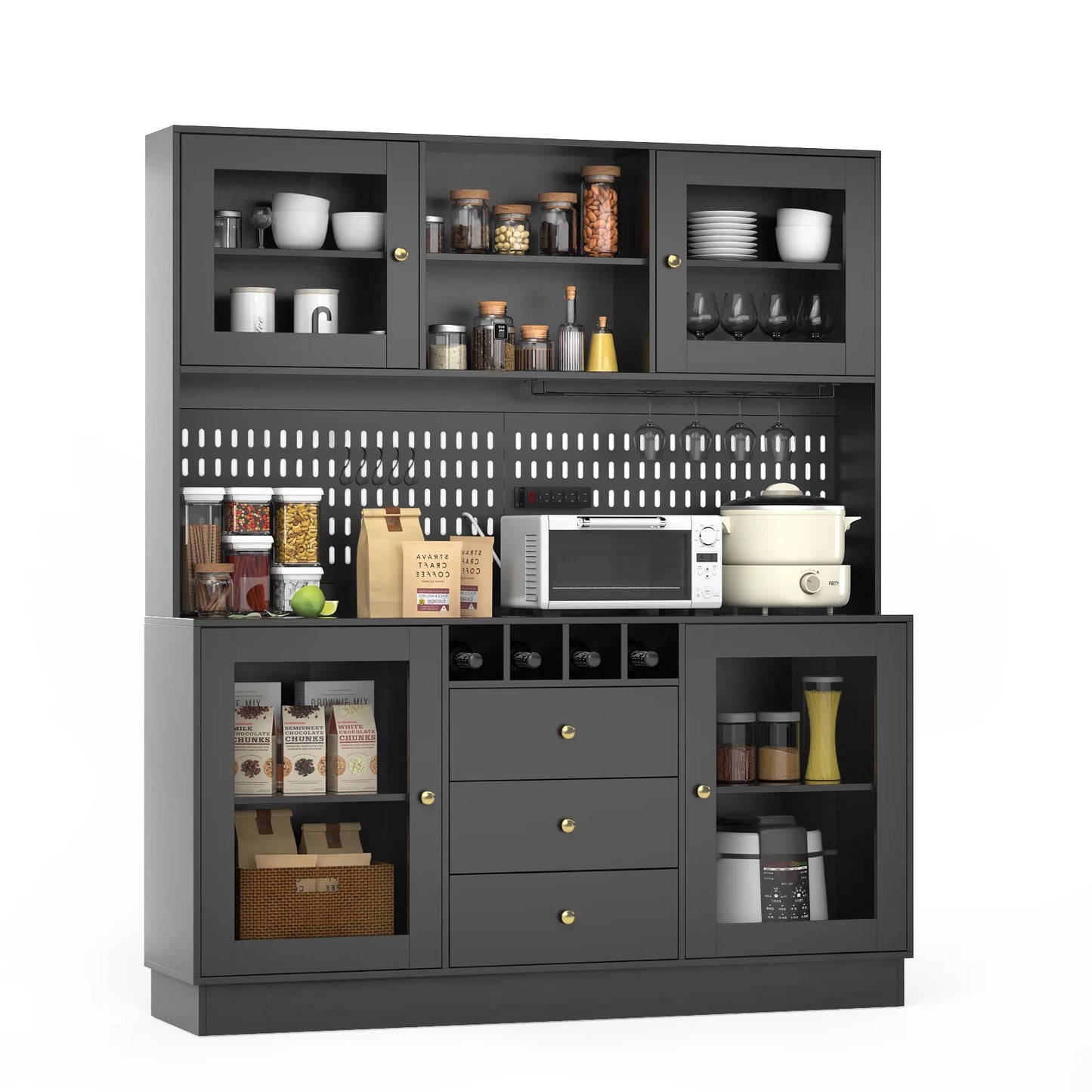 Pantry Cabinet, Kitchen Storage Cabinet, Freestanding Buffet Hutch with Pegboard, Cup Holder, Power Outlet, Black