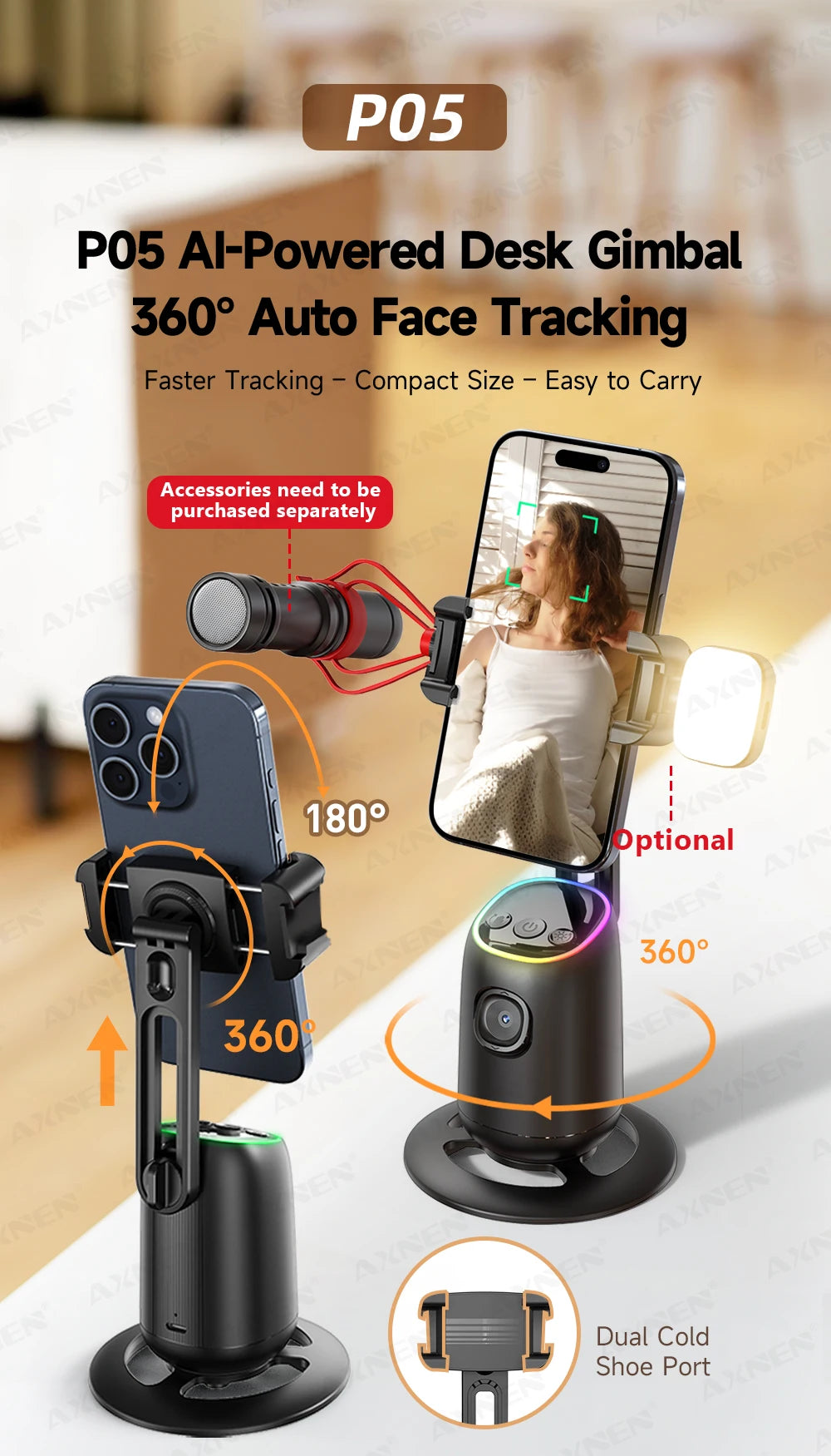 AI Auto-Tracking Phone Gimbal 360° Rotating Face Tracking Stabilizer Portable Desktop Holder for Live Streaming & Photo Shooting