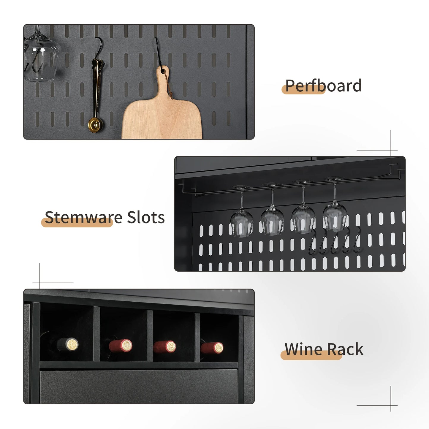 Pantry Cabinet, Kitchen Storage Cabinet, Freestanding Buffet Hutch with Pegboard, Cup Holder, Power Outlet, Black