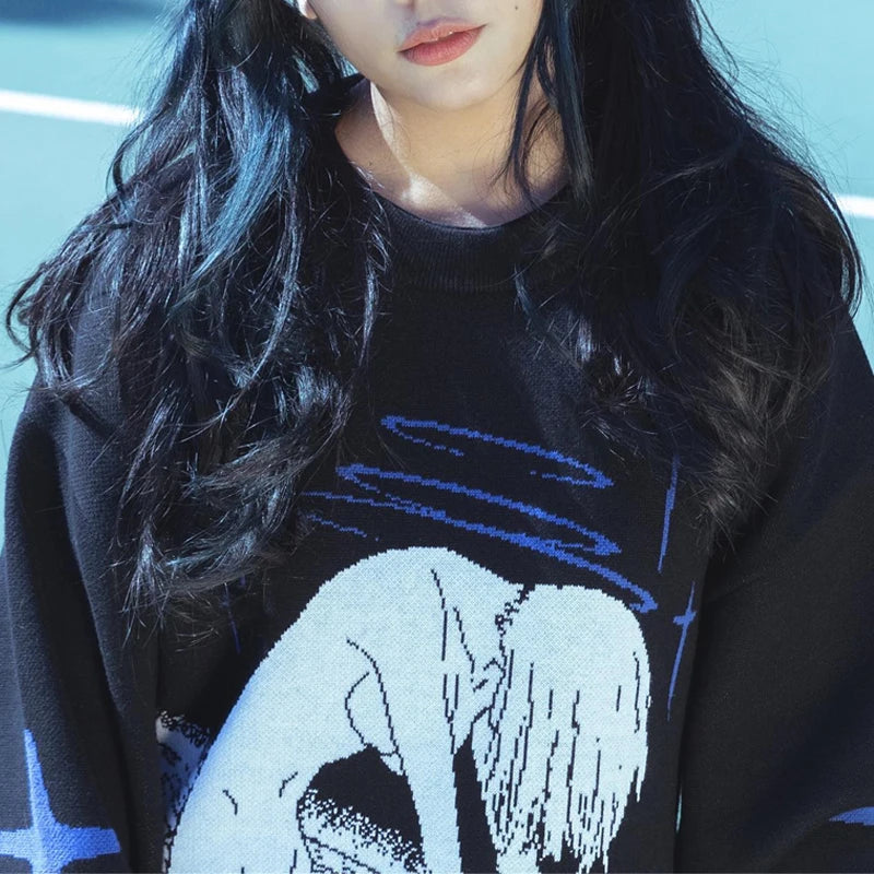 Women's Knitting Cute Anime Print Pattern O Neck Pullover Sweater Streetwear Girls Oversized Harajuku Knitwear Women's Y2k