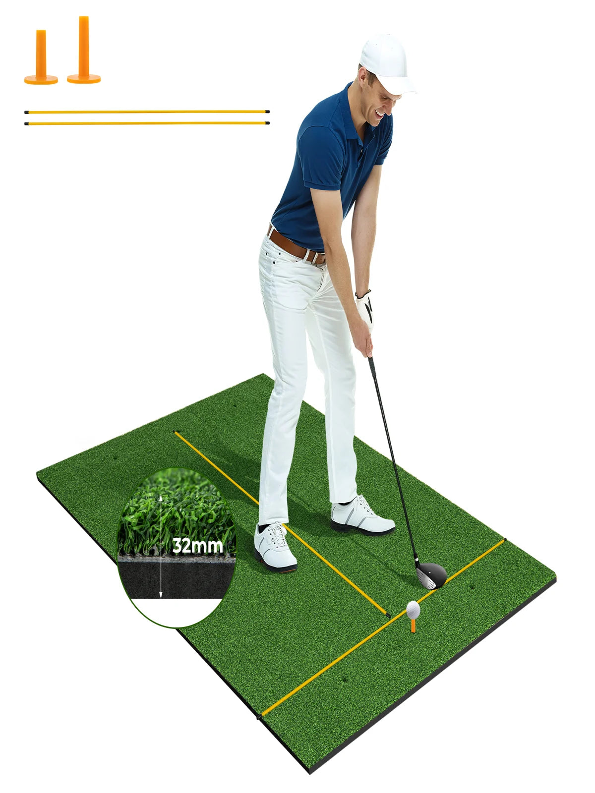 Golf Practice Mat with Artificial Grass, 5 x 3 Feet Indoor Outdoor Hitting Pad with Rubber Tees & Alignment Rods, Golf Mat