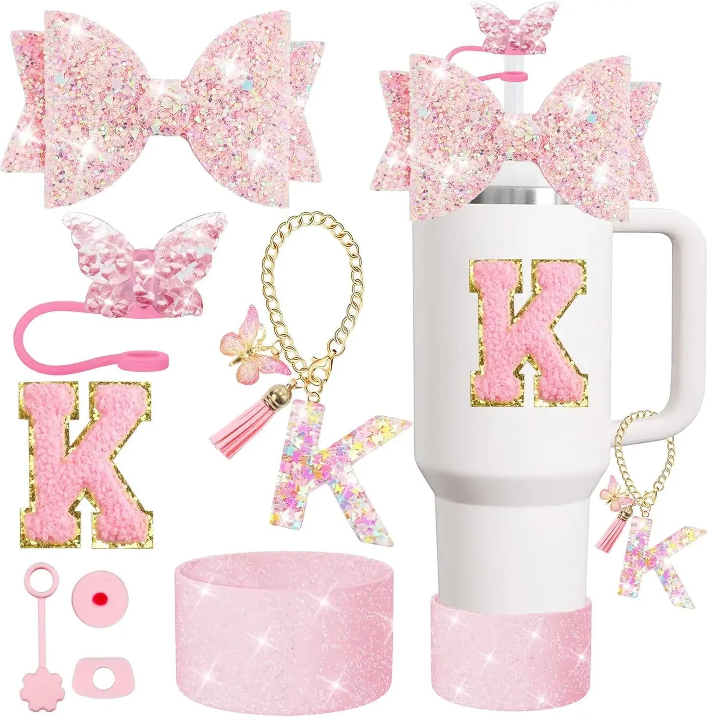 8PCS Cup Accessories Set for Stanley 30oz 40oz Tumbler Straw Topper Cover Cap Boot,Spill Proof Stopper Charm Initials Sticker