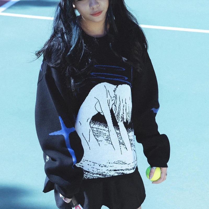 Women's Knitting Cute Anime Print Pattern O Neck Pullover Sweater Streetwear Girls Oversized Harajuku Knitwear Women's Y2k