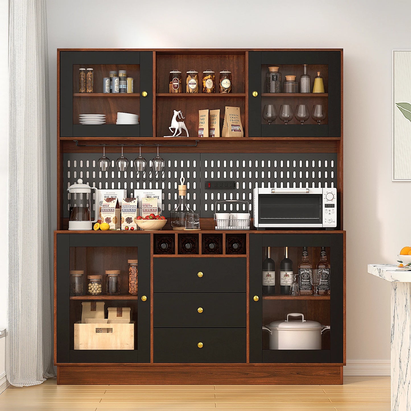 Pantry Cabinet, Kitchen Storage Cabinet, Freestanding Buffet Hutch with Pegboard, Cup Holder, Power Outlet, Black