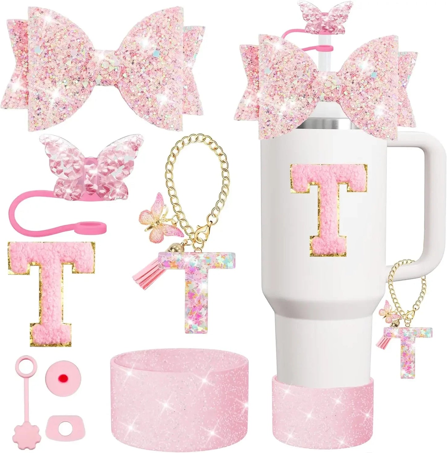 8PCS Cup Accessories Set for Stanley 30oz 40oz Tumbler Straw Topper Cover Cap Boot,Spill Proof Stopper Charm Initials Sticker