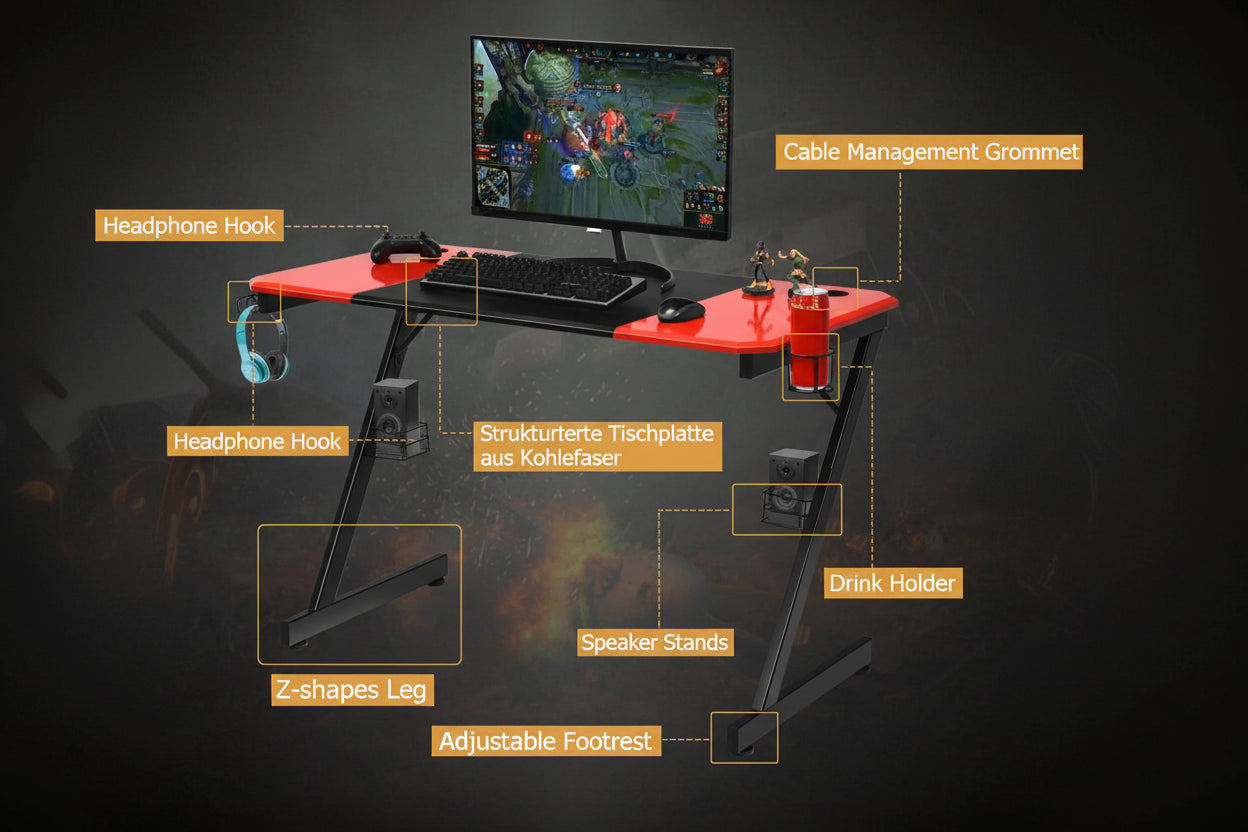 Z-shaped gaming table computer table PC table with mug holder headphones hooks and pit stands desk for home