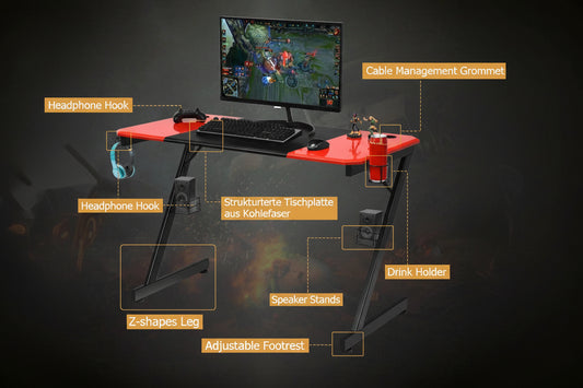 Z-shaped gaming table computer table PC table with mug holder headphones hooks and pit stands desk for home