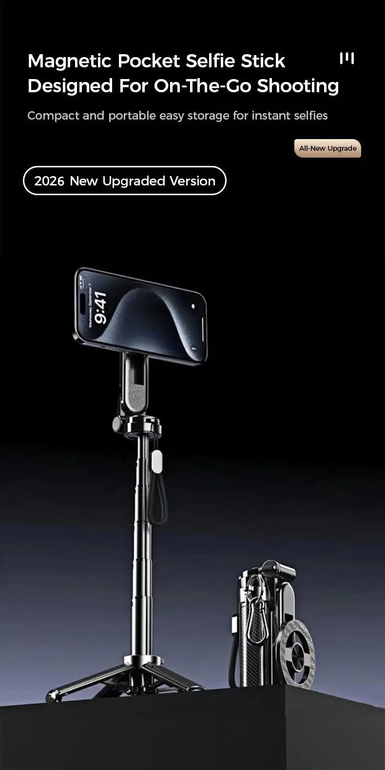 4-in-1 Multifunctional Magnetic mini Selfie Stick with 360° Rotation Wireless Bluetooth Control Magnetic Phone Holder