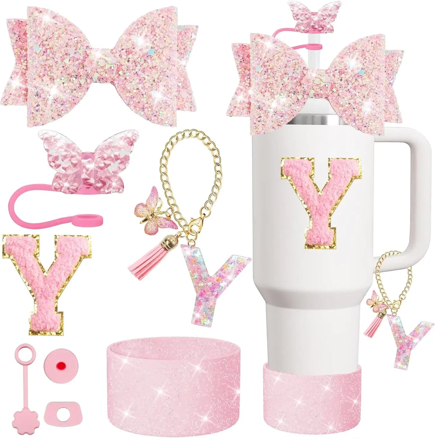 8PCS Cup Accessories Set for Stanley 30oz 40oz Tumbler Straw Topper Cover Cap Boot,Spill Proof Stopper Charm Initials Sticker