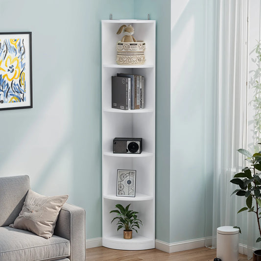 YITAHOME White 5-Tier Corner Bookcase - 30x30x180cm Wooden Shelf, Open Storage for Living Room & Office - Freestanding (White)