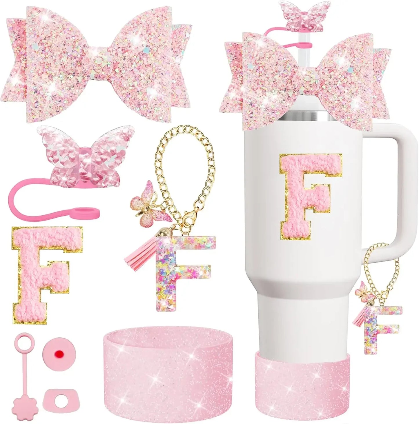 8PCS Cup Accessories Set for Stanley 30oz 40oz Tumbler Straw Topper Cover Cap Boot,Spill Proof Stopper Charm Initials Sticker