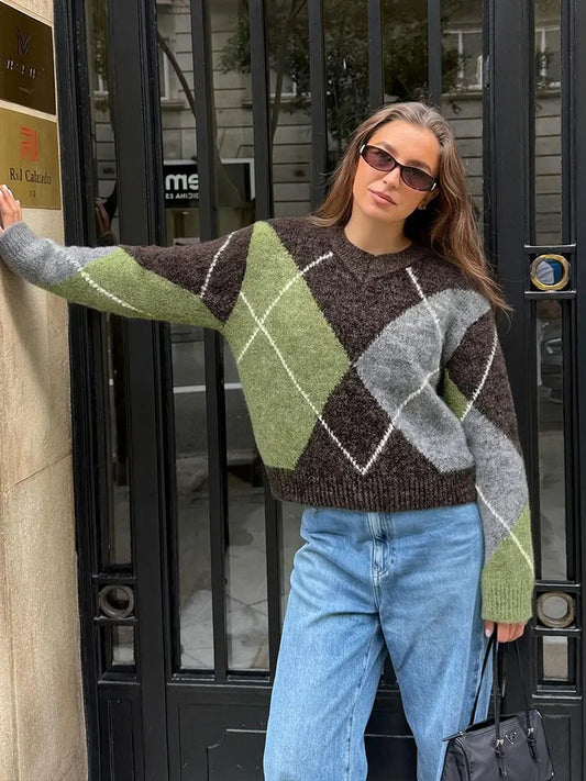 HH Women Fashion Argyle Knitted Sweater Casual Long Sleeve V Neck Pullover Sweater 2026 Spring Trend Knitwear Chic Tops