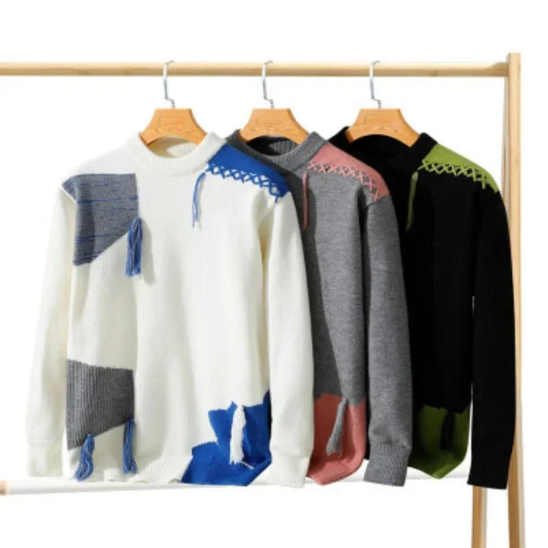 Men's Windproof Warm and Fashionable Knitted Sweater with Round Neck for Comfortable Casual and Versatile Winter Home Wear