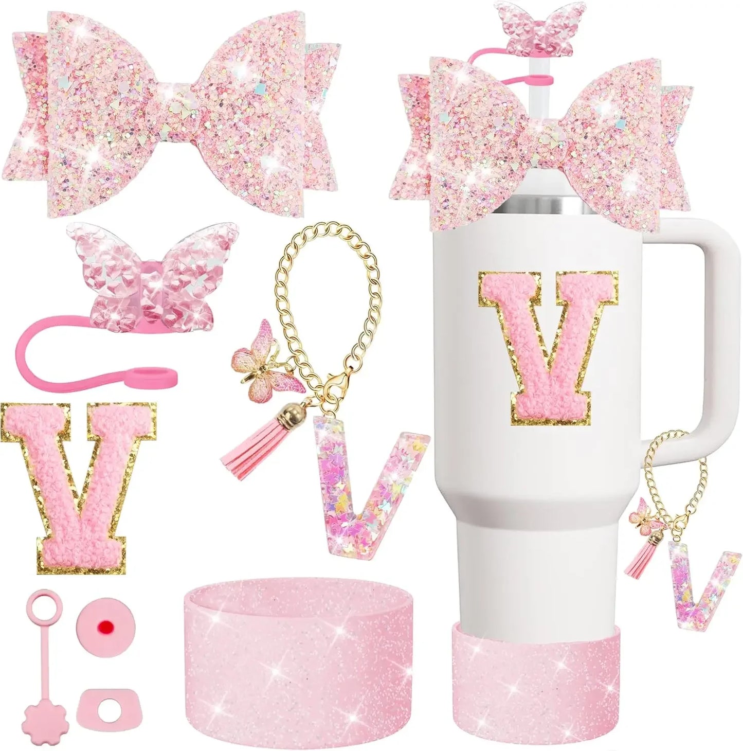 8PCS Cup Accessories Set for Stanley 30oz 40oz Tumbler Straw Topper Cover Cap Boot,Spill Proof Stopper Charm Initials Sticker