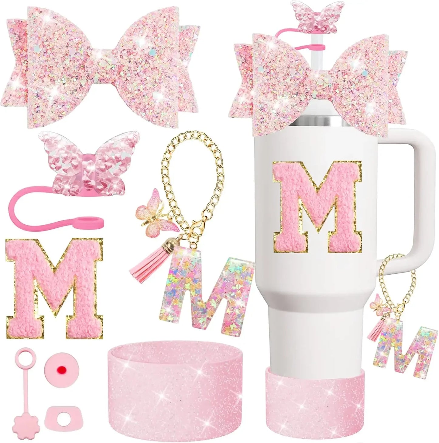 8PCS Cup Accessories Set for Stanley 30oz 40oz Tumbler Straw Topper Cover Cap Boot,Spill Proof Stopper Charm Initials Sticker