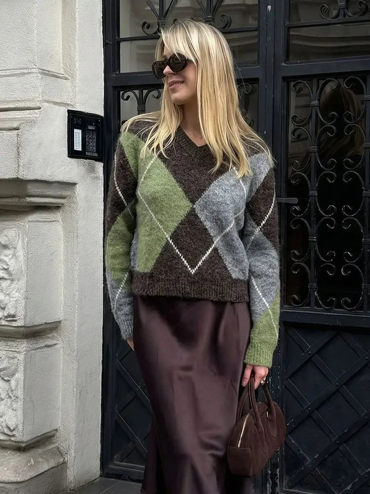 HH Women Fashion Argyle Knitted Sweater Casual Long Sleeve V Neck Pullover Sweater 2026 Spring Trend Knitwear Chic Tops