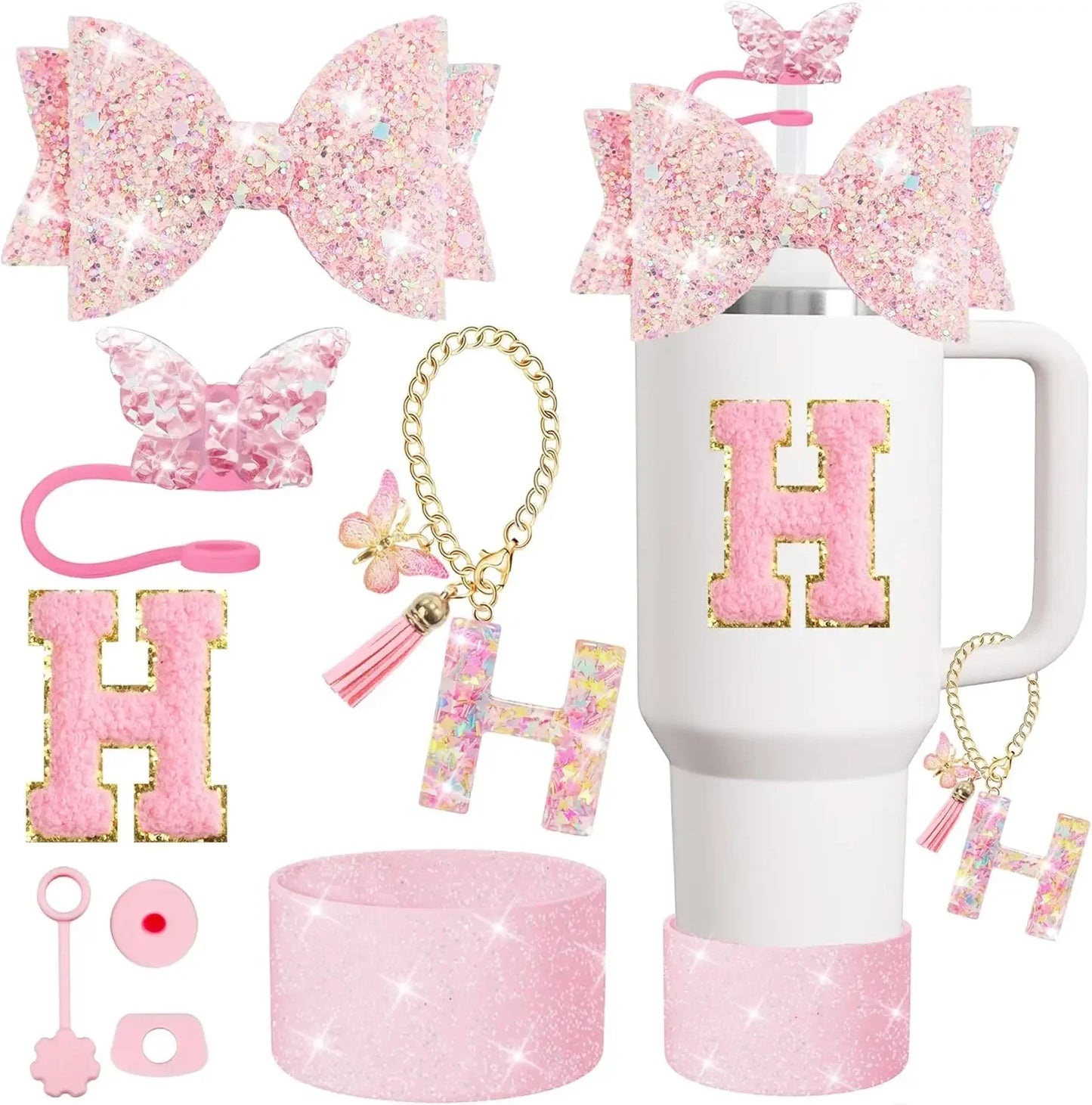 8PCS Cup Accessories Set for Stanley 30oz 40oz Tumbler Straw Topper Cover Cap Boot,Spill Proof Stopper Charm Initials Sticker