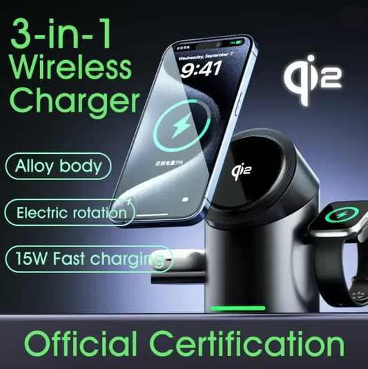 New Truly Qi2 3In1 15W Magnetic Touch Button Wireless Charger for Iphone Android IOS Phones Smart Watches Fast Charging Station
