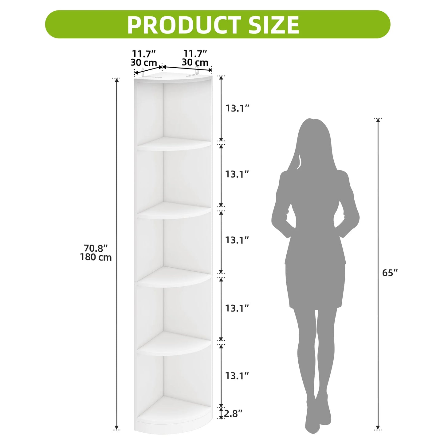 YITAHOME White 5-Tier Corner Bookcase - 30x30x180cm Wooden Shelf, Open Storage for Living Room & Office - Freestanding (White)