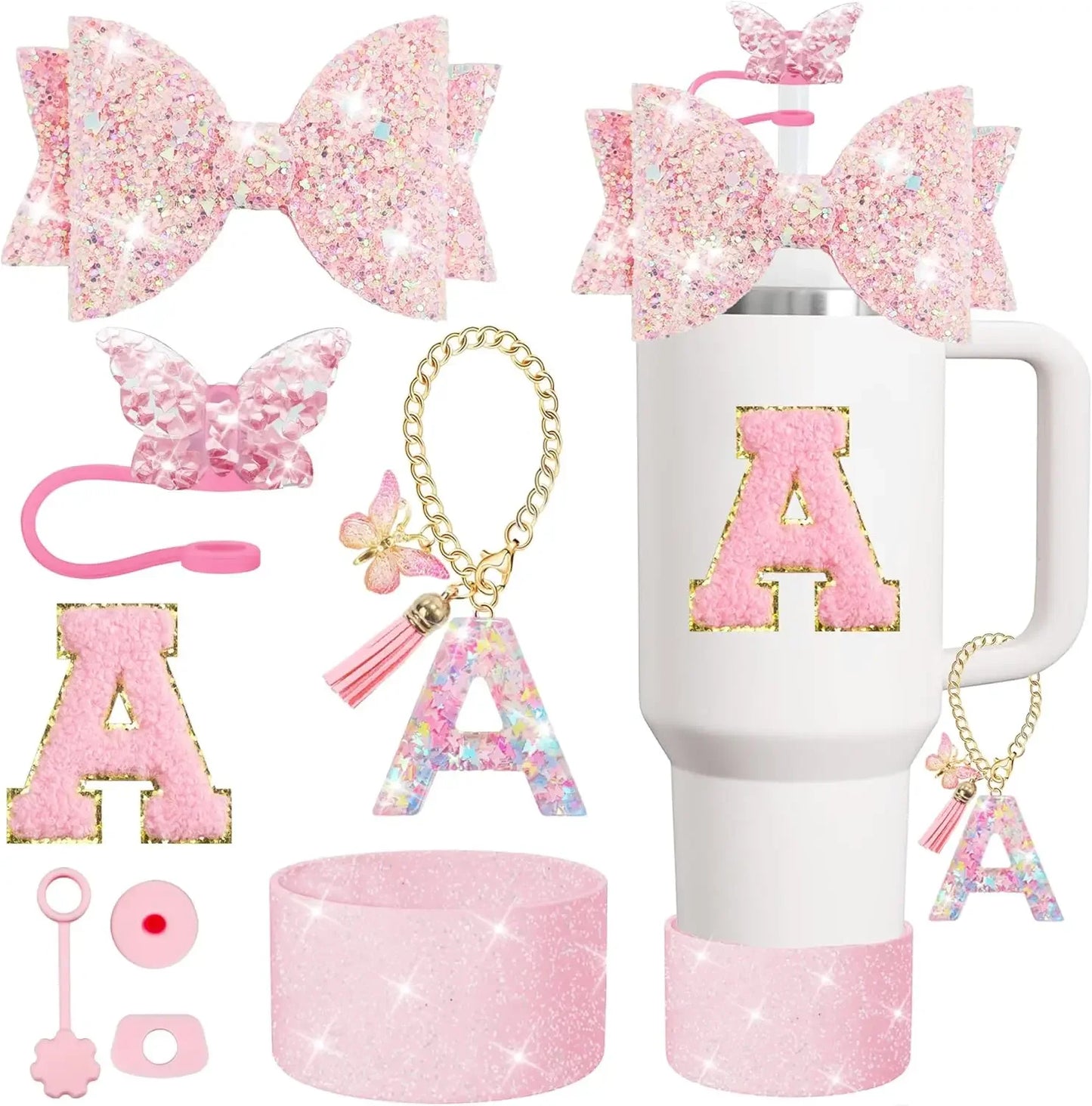 8PCS Cup Accessories Set for Stanley 30oz 40oz Tumbler Straw Topper Cover Cap Boot,Spill Proof Stopper Charm Initials Sticker