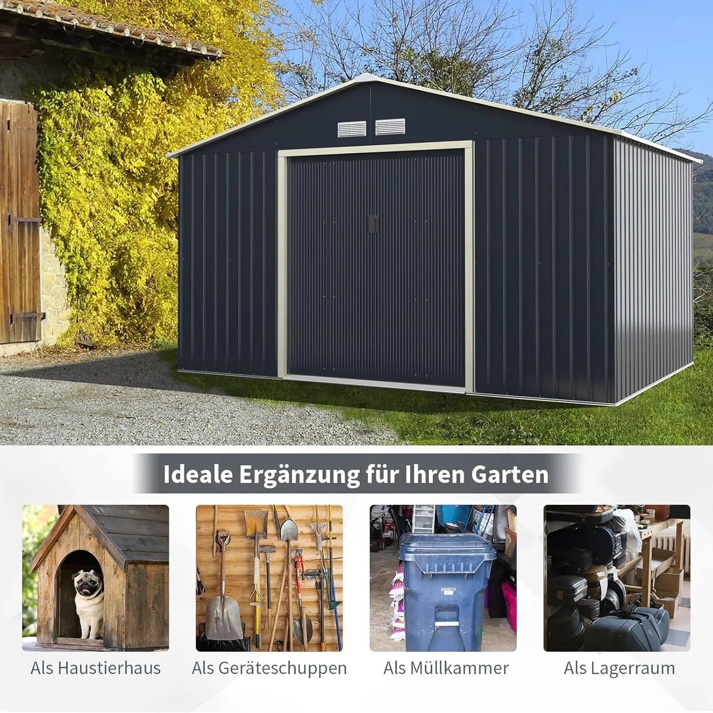 Metal Tool Shed 340 x 255 x 210 cm, Lockable Tool Shed with 4 Vents & Sliding Door, Garden Shed for Lawn Mower Bikes