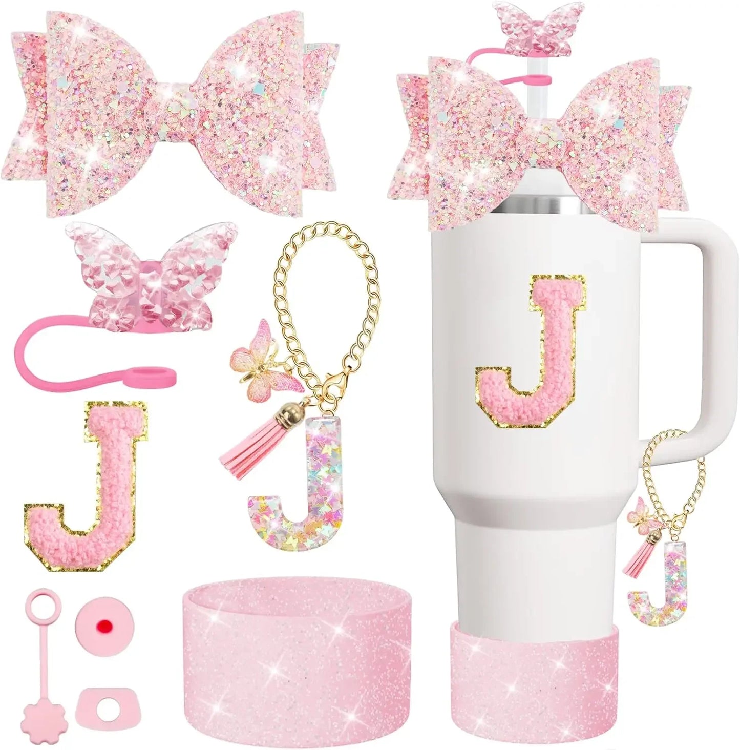 8PCS Cup Accessories Set for Stanley 30oz 40oz Tumbler Straw Topper Cover Cap Boot,Spill Proof Stopper Charm Initials Sticker