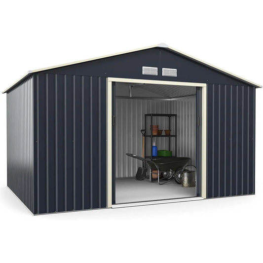 Metal Tool Shed 340 x 255 x 210 cm, Lockable Tool Shed with 4 Vents & Sliding Door, Garden Shed for Lawn Mower Bikes