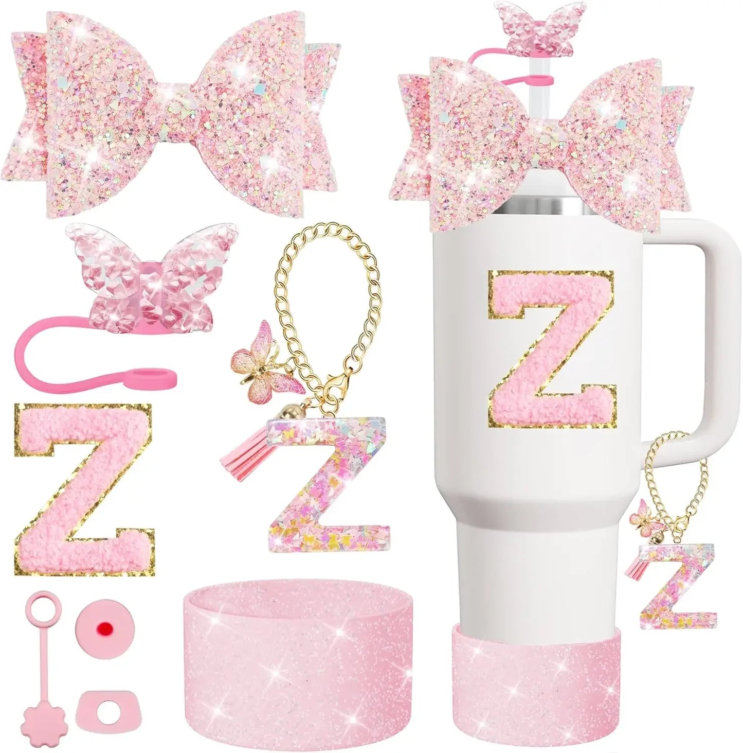 8PCS Cup Accessories Set for Stanley 30oz 40oz Tumbler Straw Topper Cover Cap Boot,Spill Proof Stopper Charm Initials Sticker