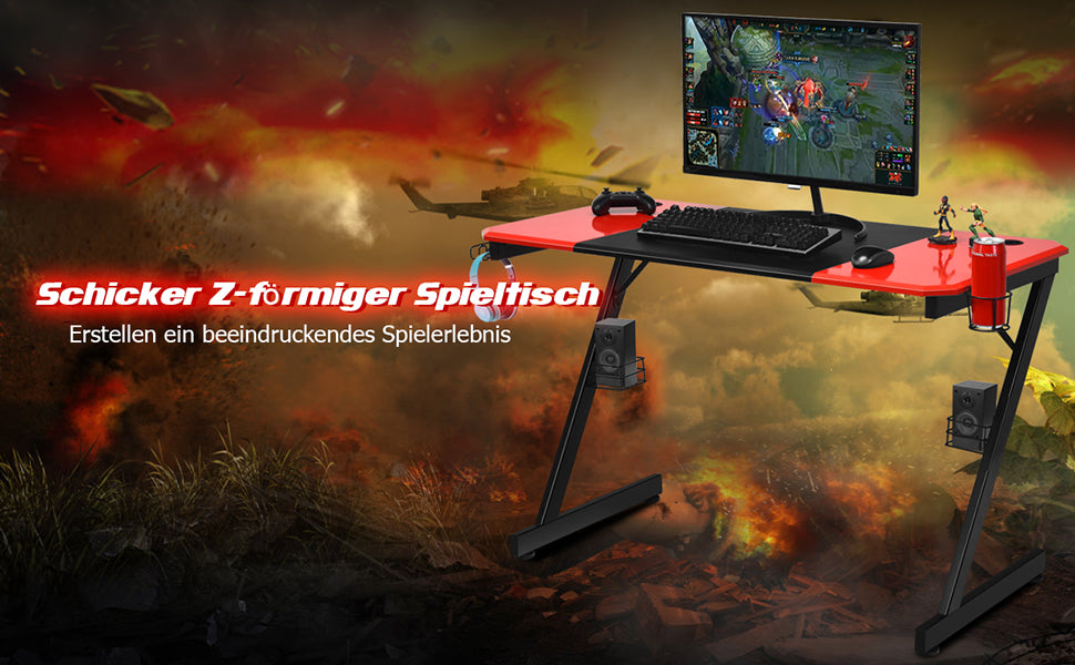 Z-shaped gaming table computer table PC table with mug holder headphones hooks and pit stands desk for home